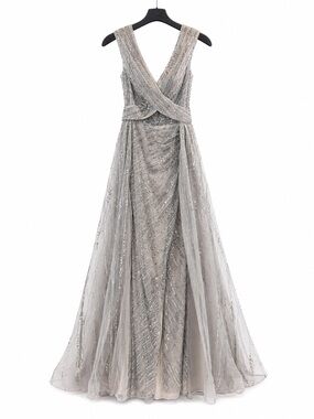 Catwalk 60133 Silver Beaded V-Neck Evening Gown